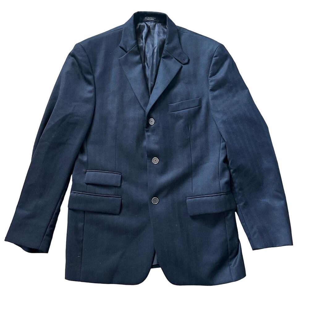 John Varvatos Herringbone‎ Blazer Jacket Coat Size 40R Wool Silk Blend Navy Blue
